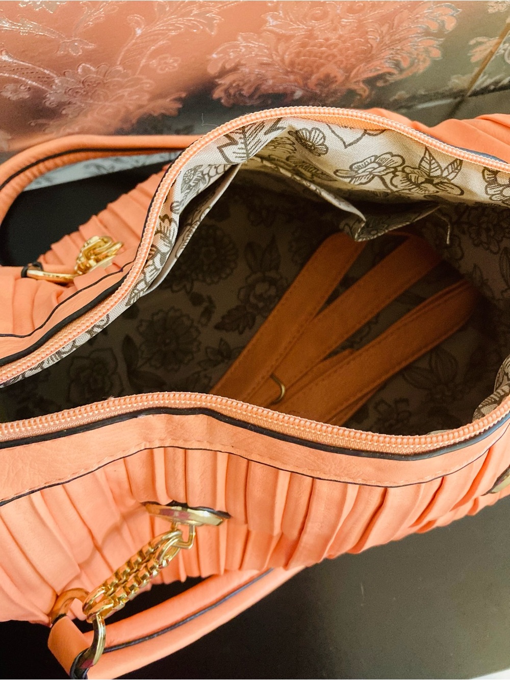 Pleated Coral Satchel Handbag with Gold Hardware - Picture 3 of 7